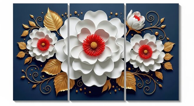 A captivating triptych featuring threedimensional white flowers with vibrant red centers on a deep blue backdrop
