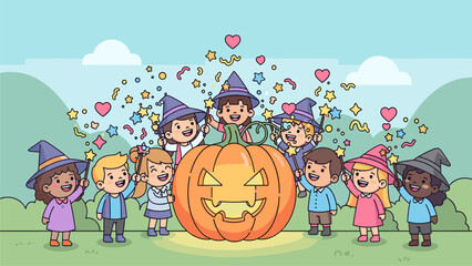 Happy diverse kids in wizard costumes around a glowing Halloween pumpkin with magic sparkles