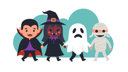 Cute Halloween Kids in Costumes: Vampire, Witch, Ghost, Mummy Walking. Flat Vector Illustration for Spooky Season Fun.