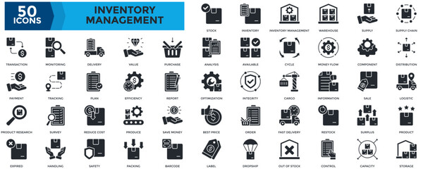 Inventory Management icon set. Containing distribution, logistic, product, , plan, efficiency, report, optimization, integrity, cargo icon. Glyph style
