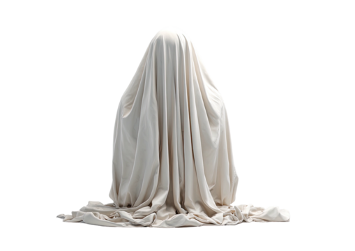 Ghostly figure draped in white cloth against black background