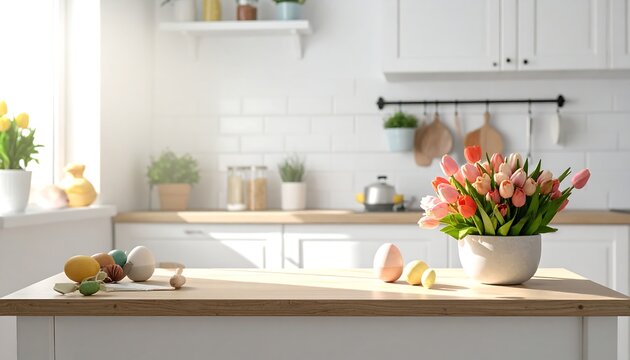 Bright and Airy Kitchen Scene with Tulips and Fruit.