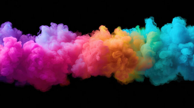 Bright and vibrant clouds of smoke in pink, orange, and blue swirl together against a dark backdrop, creating a striking visual effect that captures attention and adds drama to any scene