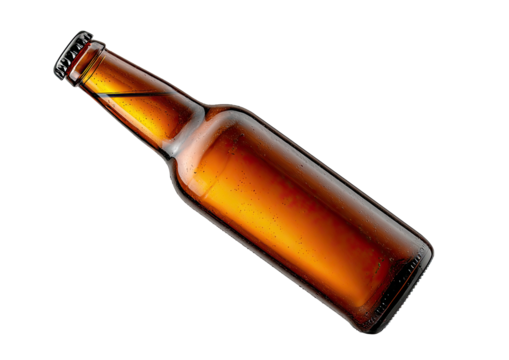 Brown glass bottle tilted on black, liquid inside