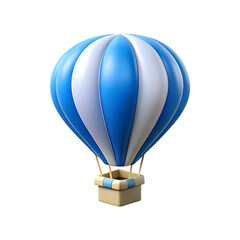 Realistic 3d blue and white hot air balloon with basket floating transparent background