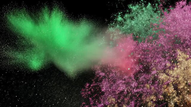Colorful Powder Explosion: Vibrant Green & Magenta Abstract Art Background with Dynamic Dust Particles