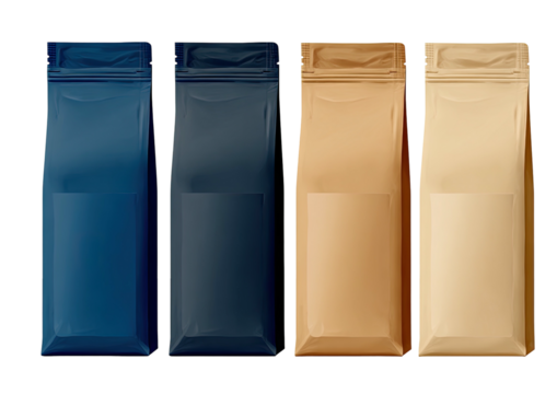 Four rectangular bags, two navy, two tan, packaging