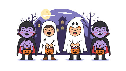 Cute Cartoon Kids in Halloween Costumes: Vampires & Ghosts Trick-or-Treating on Spooky Night