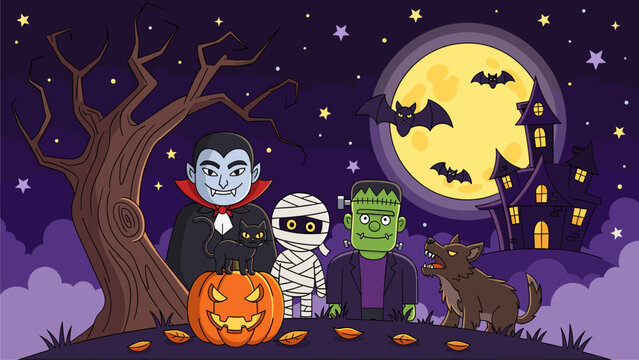 Spooky Halloween night with classic cartoon monsters, haunted house, full moon, bats, and jack-o'-lantern illustration