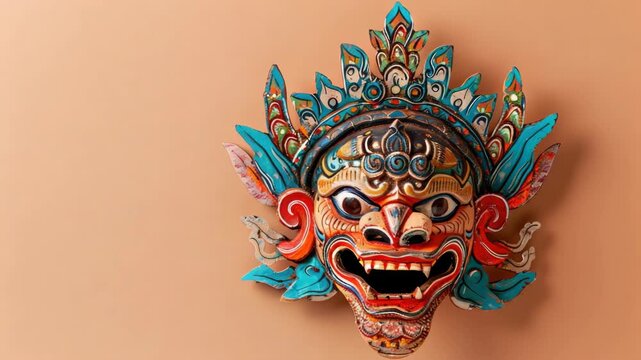 Traditional colorful mask with intricate details on beige background