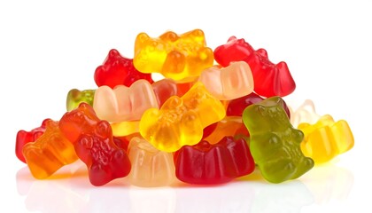 Colorful Gummy Bears Pile on White Background.