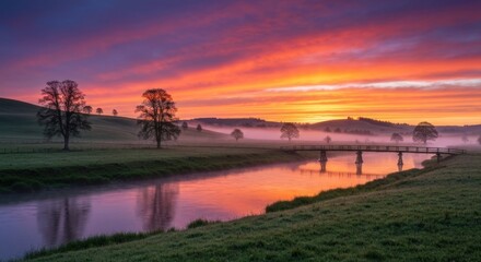 Sunrise over a misty river valley