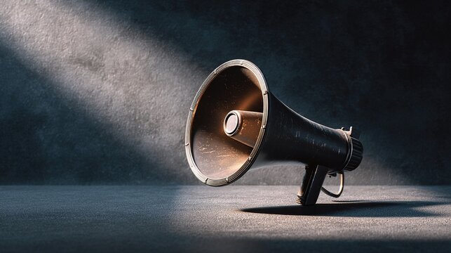amplifier. Vintage megaphone on minimalist background with dramatic shadows, representing communication concepts. event programs.