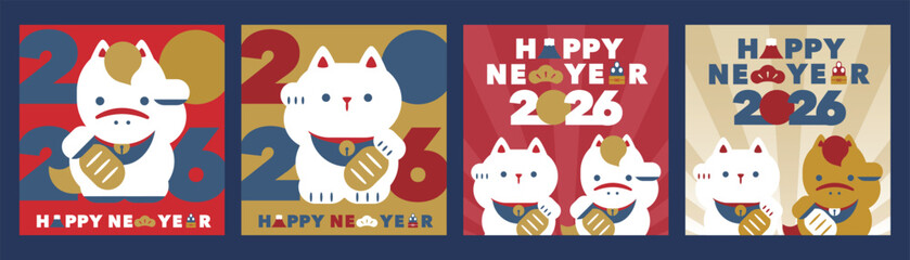 かわいいポップな馬と招き猫の2026午年正月用正方形年賀状素材