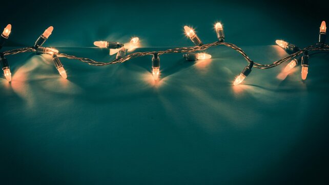 Warm glowing string lights cast soft shadows on a festive background