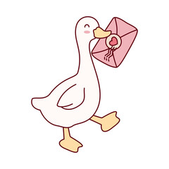 Goose or duck carrying a pink love letter with a heart stamp, symbolizing a romantic message delivery. Perfect for Valentine's Day