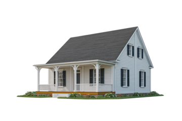 Classic white farmhouse with porch isolated on transparent background