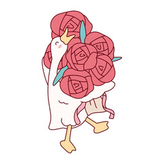 Cute cartoon goose or duck carrying a huge, overflowing bouquet of pink roses, symbolizing an abundance of love and affection. Perfect for romance, Valentine's Day