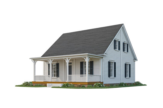 Classic white farmhouse with porch isolated on transparent background