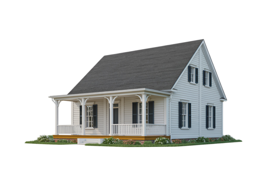 Classic white farmhouse with porch isolated on transparent background