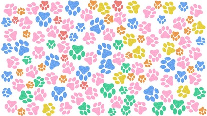 Colorful paw print seamless pattern, multicolor pet footprint background
