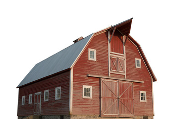Classic red wooden barn with gambrel roof isolated on transparent background