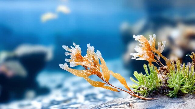 Underwater Harmony: An enchanting underwater tableau unveils delicate seaweed gracefully swaying amidst a tranquil ocean environment.