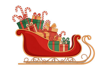Red santa sleigh full of gifts and candy canes isolated on transparent background © MDMONIRUL