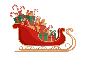 Red santa sleigh full of gifts and candy canes isolated on transparent background