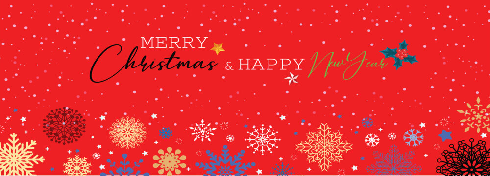 Festive Merry Christmas and Happy New Year Banner, features a cheerful red background adorned with falling snowflakes and holiday motifs, ideal graphic for seasonal greetings, social media banners