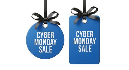 Two blue sale tags with cyber monday sale text and black ribbon bows hanging against white background