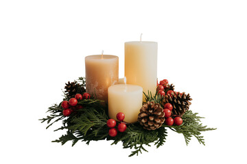 Christmas candle centerpiece with pine cones and berries isolated on transparent background