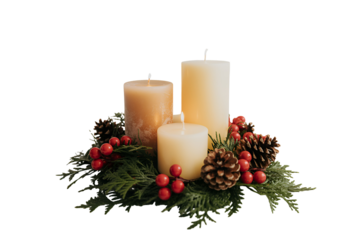 Christmas candle centerpiece with pine cones and berries isolated on transparent background