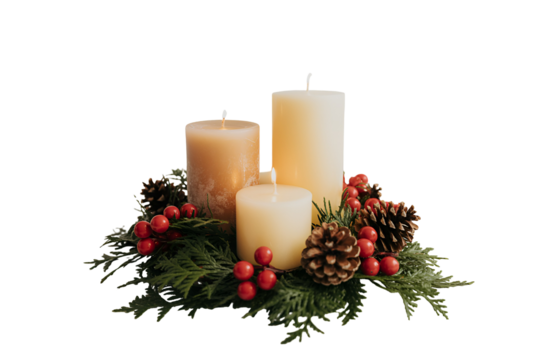 Christmas candle centerpiece with pine cones and berries isolated on transparent background