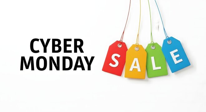 Cyber monday sale with colorful tags on white background for online shopping promotions - Powered by Adobe