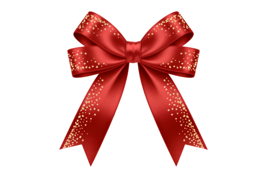Elegant red ribbon bow with gold glitter isolated on transparent background
