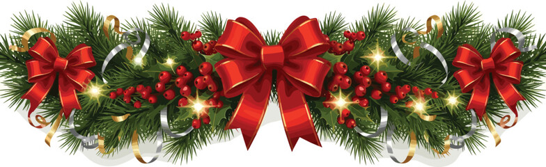 Elegant holiday swag decoration featuring evergreen pine branches, vibrant red ribbons, glowing lights, and festive berries for Christmas and winter celebrations