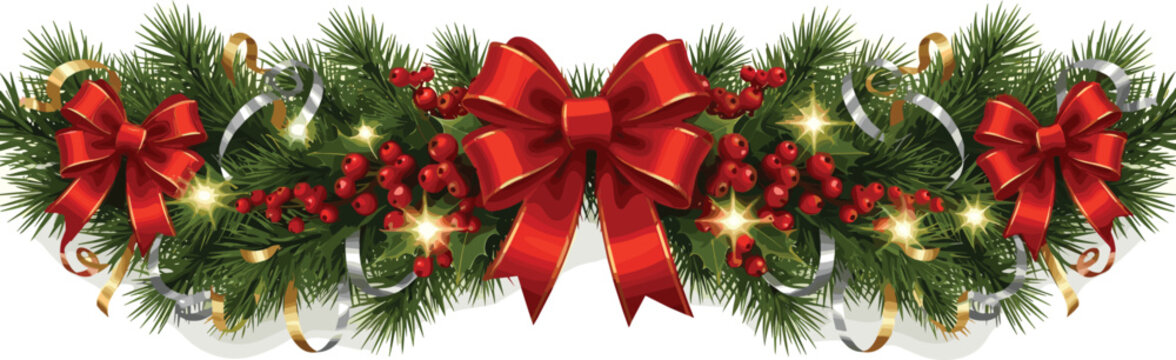 Elegant holiday swag decoration featuring evergreen pine branches, vibrant red ribbons, glowing lights, and festive berries for Christmas and winter celebrations