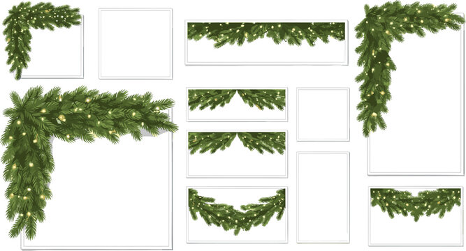 A versatile collection of realistic Christmas banners and frames decorated with glowing fir garlands for holiday designs