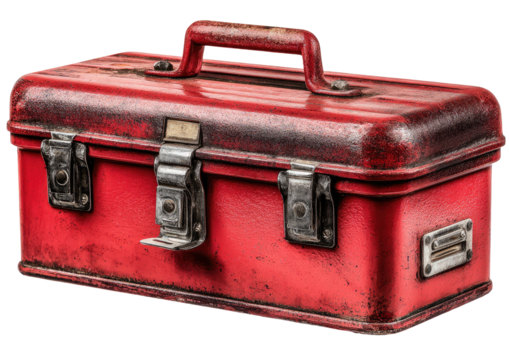 Rusty red metal toolbox with handle and chrome latches