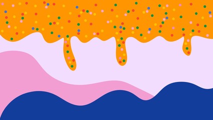 Orange paint splash with multicolored polka dots combined with pink and blue waves, creative background