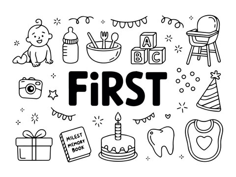 Celebrate baby first birthday with cute doodle elements for party decoration and invitation design vector art - Powered by Adobe