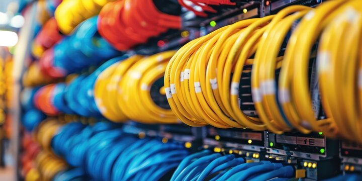 A colorful array of network cables hanging from a server rack in a data center.
