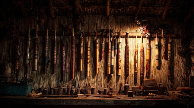 blowpipes. Traditional blowpipes displayed on a rustic hut wall in dim light. event programs, museum guides, designed for cultural heritage projects and event programs, elevates cultural identity.