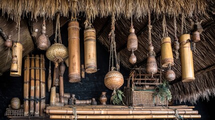 blowpipes. Traditional blowpipes displayed on a rustic hut wall in dim light. event programs, museum guides, designed for cultural heritage projects and event programs, elevates cultural identity.