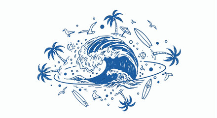 Hand-drawn retro vector illustration centered on a crashing ocean wave surrounded by palm trees, surfboards, seashells, and flying seagulls in a round, dynamic composition.