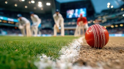 Vibrant cricket ball ready for action on the pitch, embodying sportsmanship, teamwork and the thrill of competition in a major league game