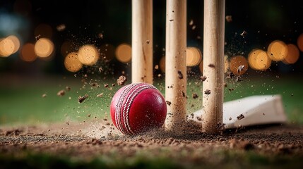 Dynamic cricket action shot captures the thrill of the game with a vibrant red ball striking the wickets in a burst of energy, perfect for sports enthusiasts