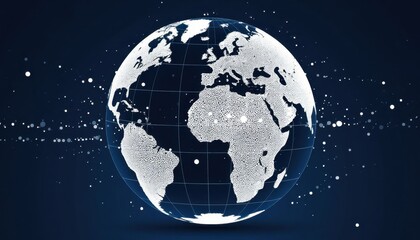A digital globe with a network of glowing dots representing global connectivity. The background is dark blue, emphasizing the illuminated continents.