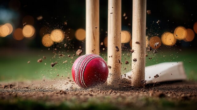 Dynamic cricket action shot captures the thrill of the game with a vibrant red ball striking the wickets in a burst of energy, perfect for sports enthusiasts